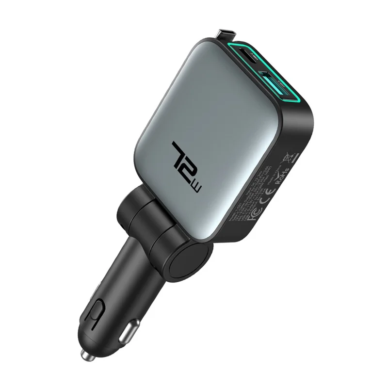 72W Car Charger Retractable Type-C Cable Design 3-in-1 Fast Charging Adapter with 80cm Built-in Cable for Vehicle - Grey