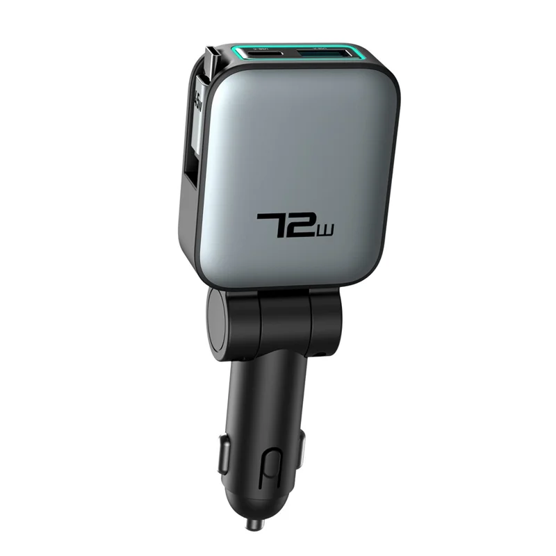 72W Car Charger Retractable Type-C Cable Design 3-in-1 Fast Charging Adapter with 80cm Built-in Cable for Vehicle - Grey