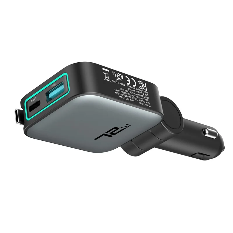 72W Car Charger Retractable Type-C Cable Design 3-in-1 Fast Charging Adapter with 80cm Built-in Cable for Vehicle - Grey