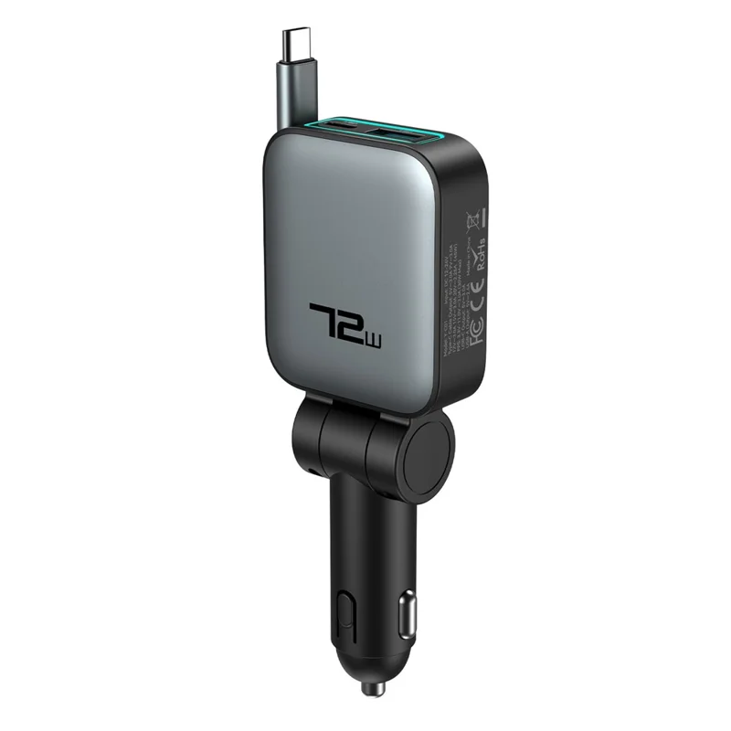 72W Car Charger Retractable Type-C Cable Design 3-in-1 Fast Charging Adapter with 80cm Built-in Cable for Vehicle - Grey