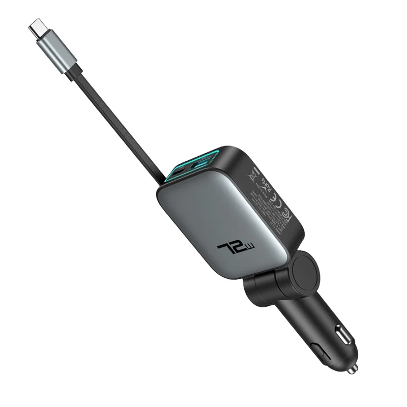 72W Car Charger Retractable Type-C Cable Design 3-in-1 Fast Charging Adapter with 80cm Built-in Cable for Vehicle - Grey