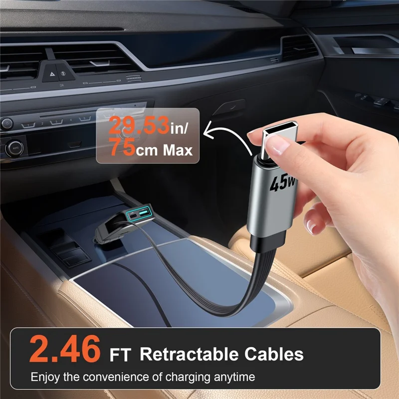 72W Car Charger Retractable Type-C Cable Design 3-in-1 Fast Charging Adapter with 80cm Built-in Cable for Vehicle - Grey