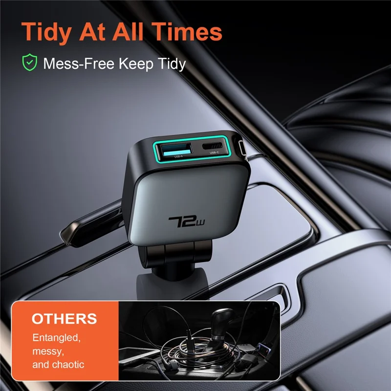 72W Car Charger Retractable Type-C Cable Design 3-in-1 Fast Charging Adapter with 80cm Built-in Cable for Vehicle - Grey