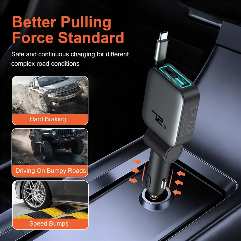 72W Car Charger Retractable Type-C Cable Design 3-in-1 Fast Charging Adapter with 80cm Built-in Cable for Vehicle - Grey