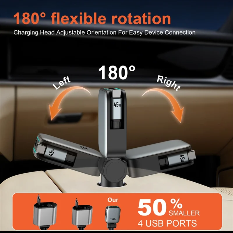 72W Car Charger Retractable Type-C Cable Design 3-in-1 Fast Charging Adapter with 80cm Built-in Cable for Vehicle - Grey