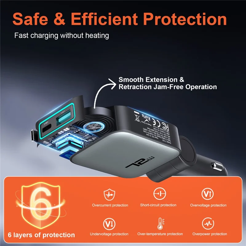 72W Car Charger Retractable Type-C Cable Design 3-in-1 Fast Charging Adapter with 80cm Built-in Cable for Vehicle - Grey