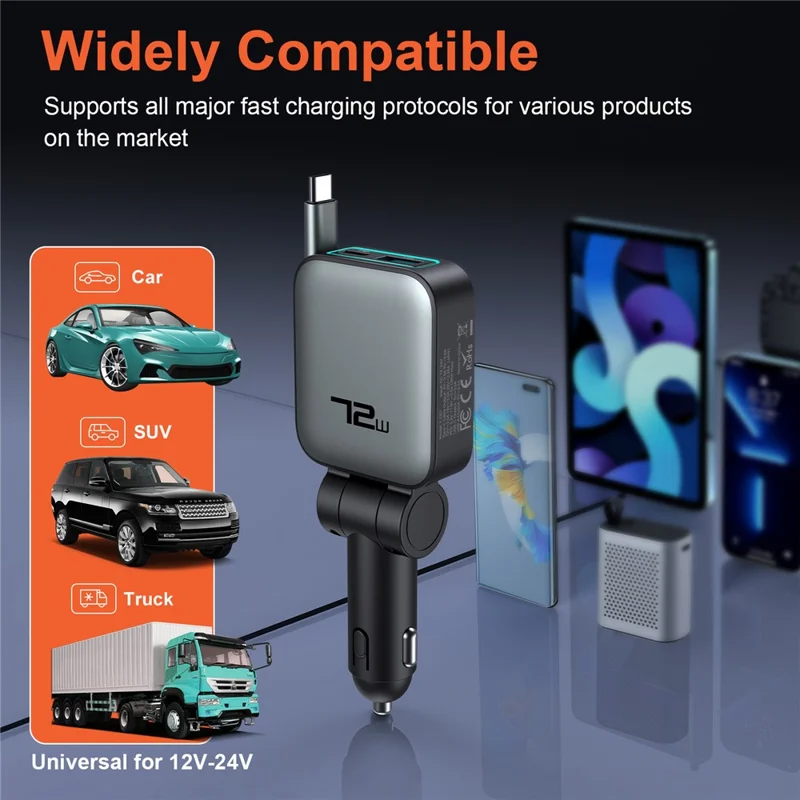 72W Car Charger Retractable Type-C Cable Design 3-in-1 Fast Charging Adapter with 80cm Built-in Cable for Vehicle - Grey