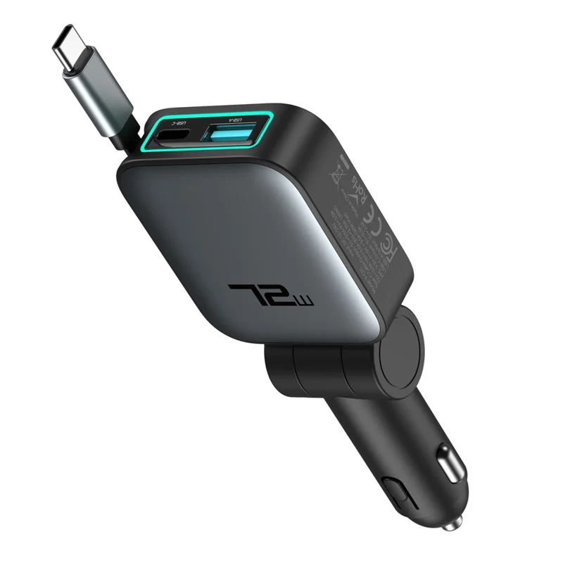 72W Car Charger Retractable Type-C Cable Design 3-in-1 Fast Charging Adapter with 80cm Built-in Cable for Vehicle - Grey