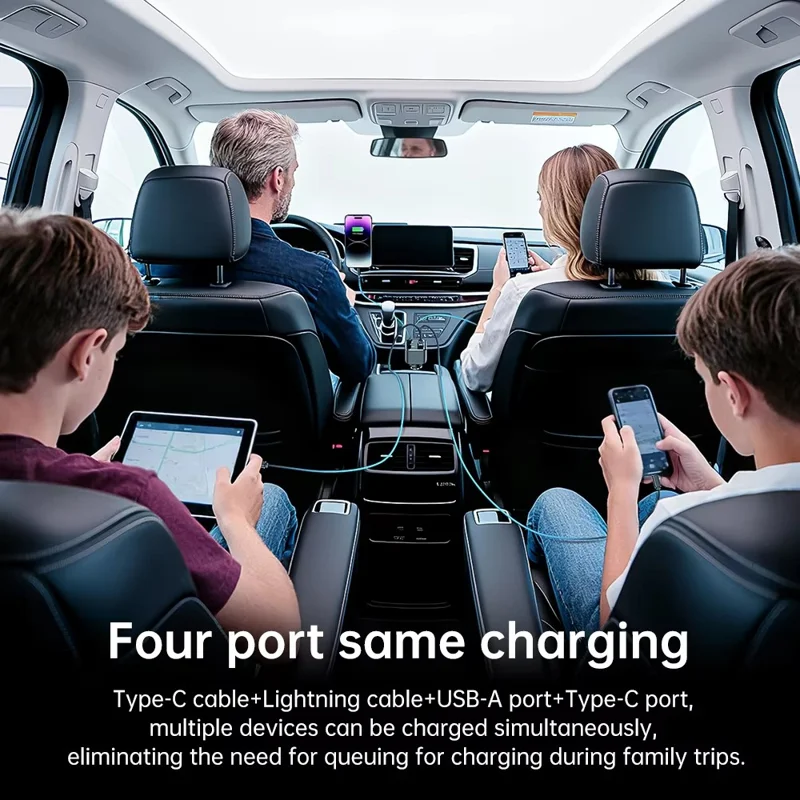 4-in-1 48W Car Charger with 70cm Retractable Type-C iP (5-14) Cable PD 30W Fast Charging Adapter for Phone Tablet - Black