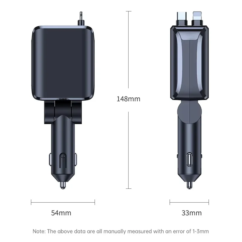 4-in-1 48W Car Charger with 70cm Retractable Type-C iP (5-14) Cable PD 30W Fast Charging Adapter for Phone Tablet - Black