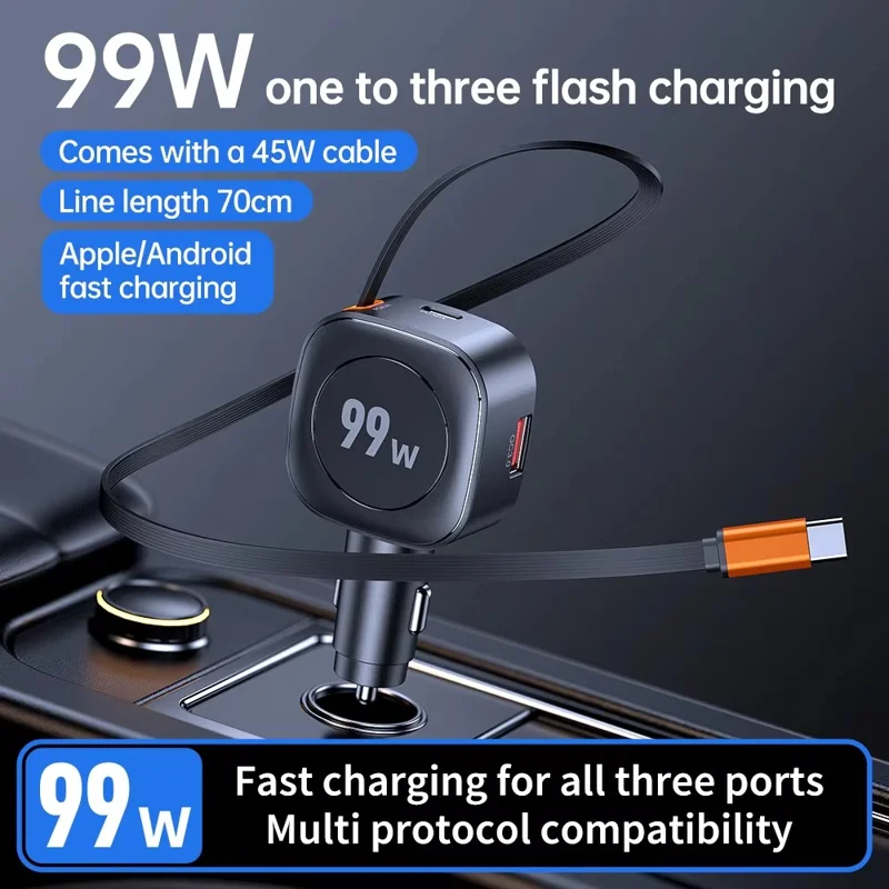 99W Car Charger with 70cm Retractable Cable 3 Ports USB-C USB-A PD 45W Fast Charging Adapter for Phone Tablet - Black