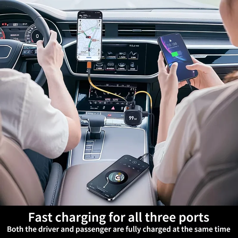 99W Car Charger with 70cm Retractable Cable 3 Ports USB-C USB-A PD 45W Fast Charging Adapter for Phone Tablet - Black