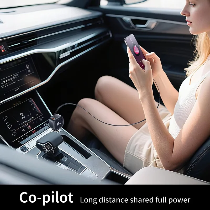 99W Car Charger with 70cm Retractable Cable 3 Ports USB-C USB-A PD 45W Fast Charging Adapter for Phone Tablet - Black