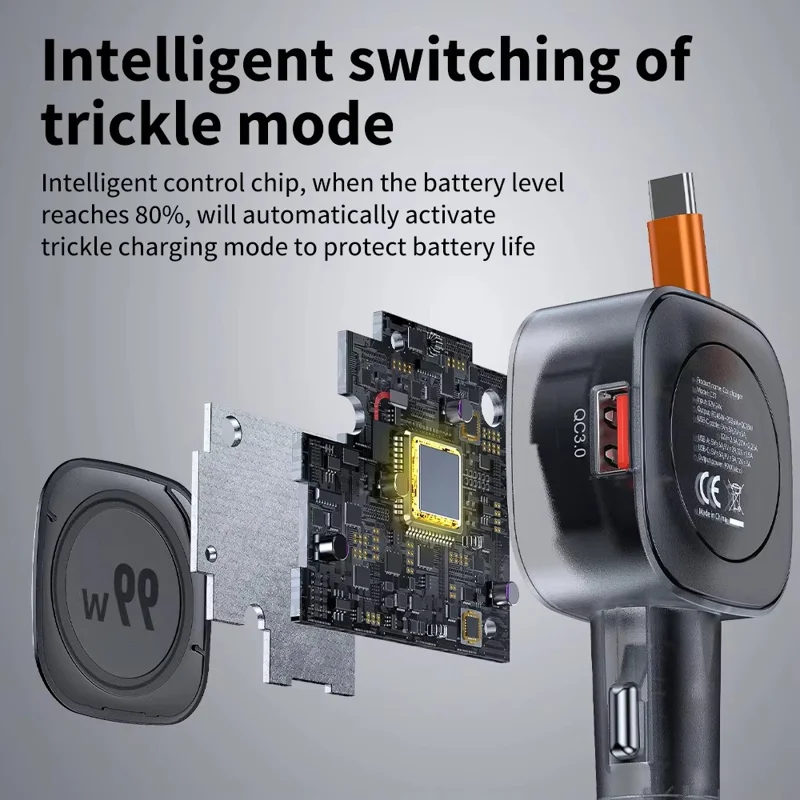 99W Car Charger with 70cm Retractable Cable 3 Ports USB-C USB-A PD 45W Fast Charging Adapter for Phone Tablet - Black