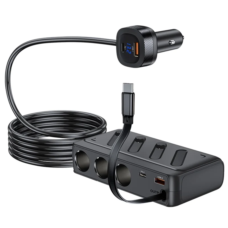 C29S 187W Car Socket Adapter 8-in-1 Splitter 3 Outlets PD45W QC3.0 Independent Switch Car Charger - Black