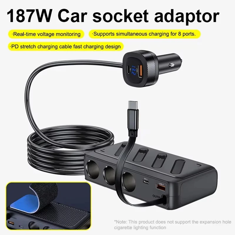 C29S 187W Car Socket Adapter 8-in-1 Splitter 3 Outlets PD45W QC3.0 Independent Switch Car Charger - Black