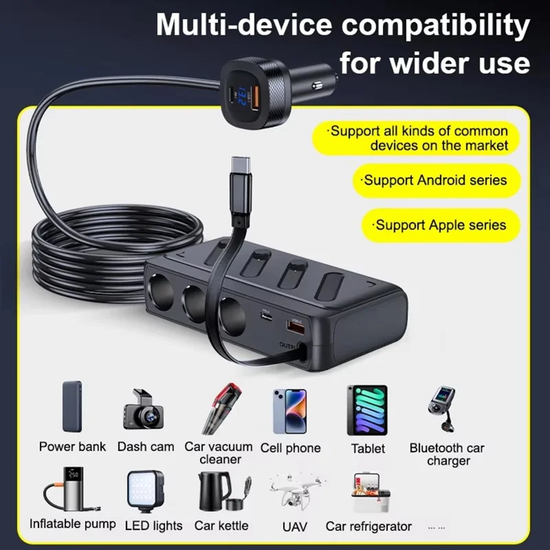 C29S 187W Car Socket Adapter 8-in-1 Splitter 3 Outlets PD45W QC3.0 Independent Switch Car Charger - Black