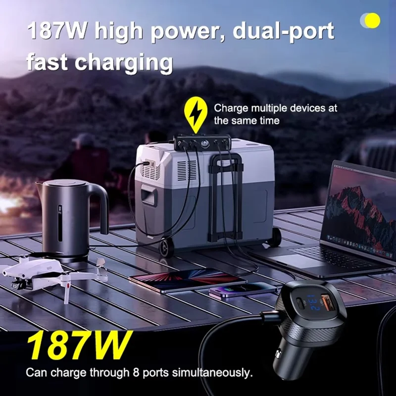 C29S 187W Car Socket Adapter 8-in-1 Splitter 3 Outlets PD45W QC3.0 Independent Switch Car Charger - Black