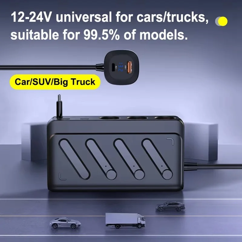 C29S 187W Car Socket Adapter 8-in-1 Splitter 3 Outlets PD45W QC3.0 Independent Switch Car Charger - Black