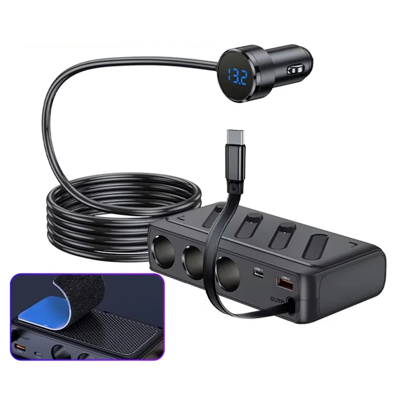 C29 142W 6-in-1 Car Charger Adapter  PD 45W QC3.0 USB-C Cable LED Display Car Socket Splitter Adapter