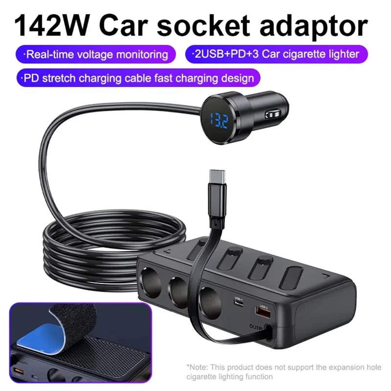 C29 142W 6-in-1 Car Charger Adapter  PD 45W QC3.0 USB-C Cable LED Display Car Socket Splitter Adapter