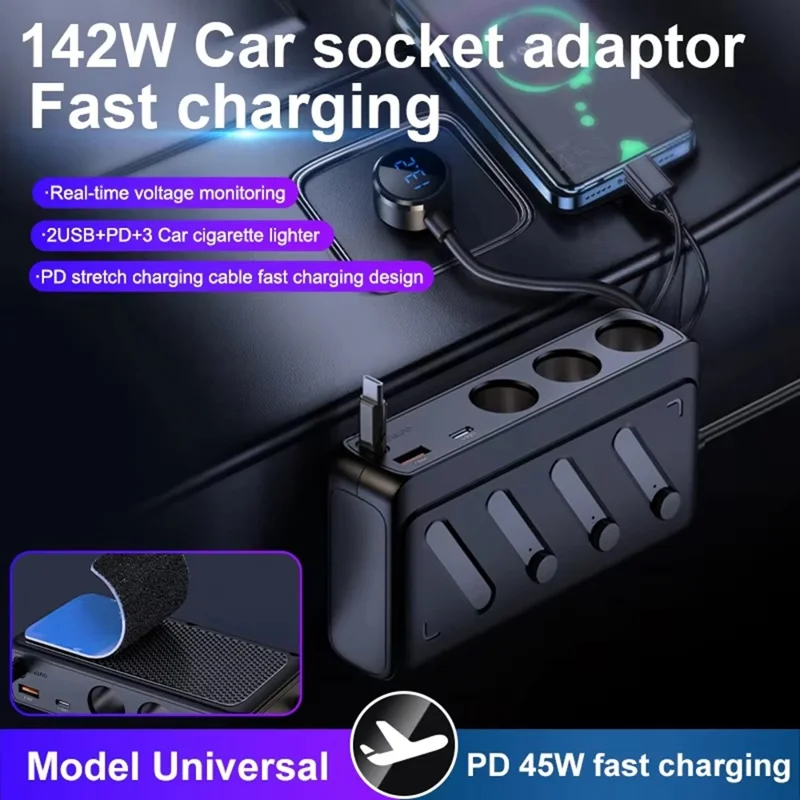 C29 142W 6-in-1 Car Charger Adapter  PD 45W QC3.0 USB-C Cable LED Display Car Socket Splitter Adapter