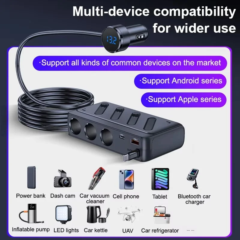 C29 142W 6-in-1 Car Charger Adapter  PD 45W QC3.0 USB-C Cable LED Display Car Socket Splitter Adapter