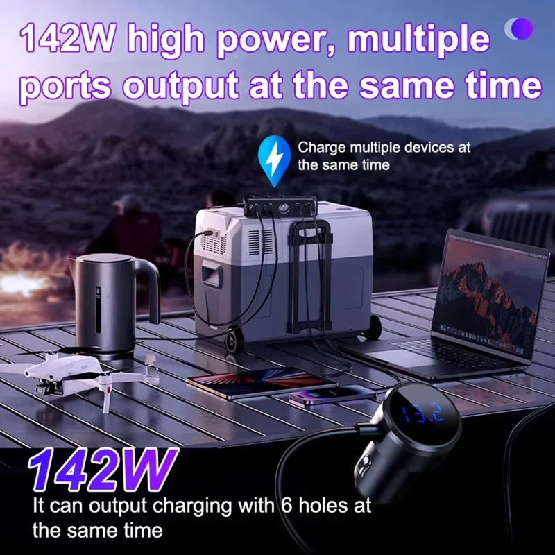 C29 142W 6-in-1 Car Charger Adapter  PD 45W QC3.0 USB-C Cable LED Display Car Socket Splitter Adapter