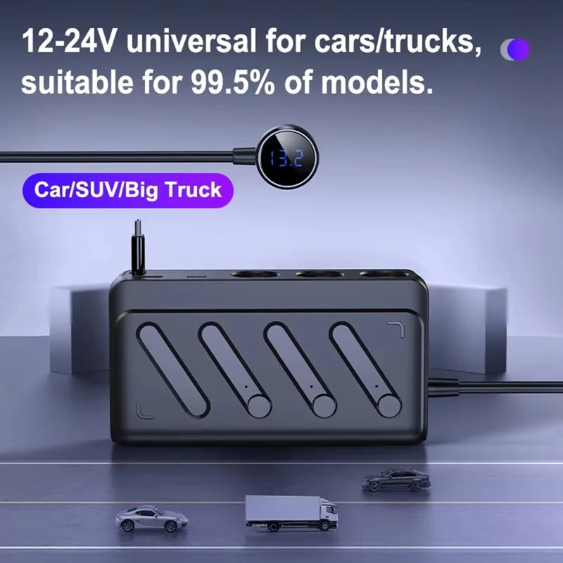 C29 142W 6-in-1 Car Charger Adapter  PD 45W QC3.0 USB-C Cable LED Display Car Socket Splitter Adapter