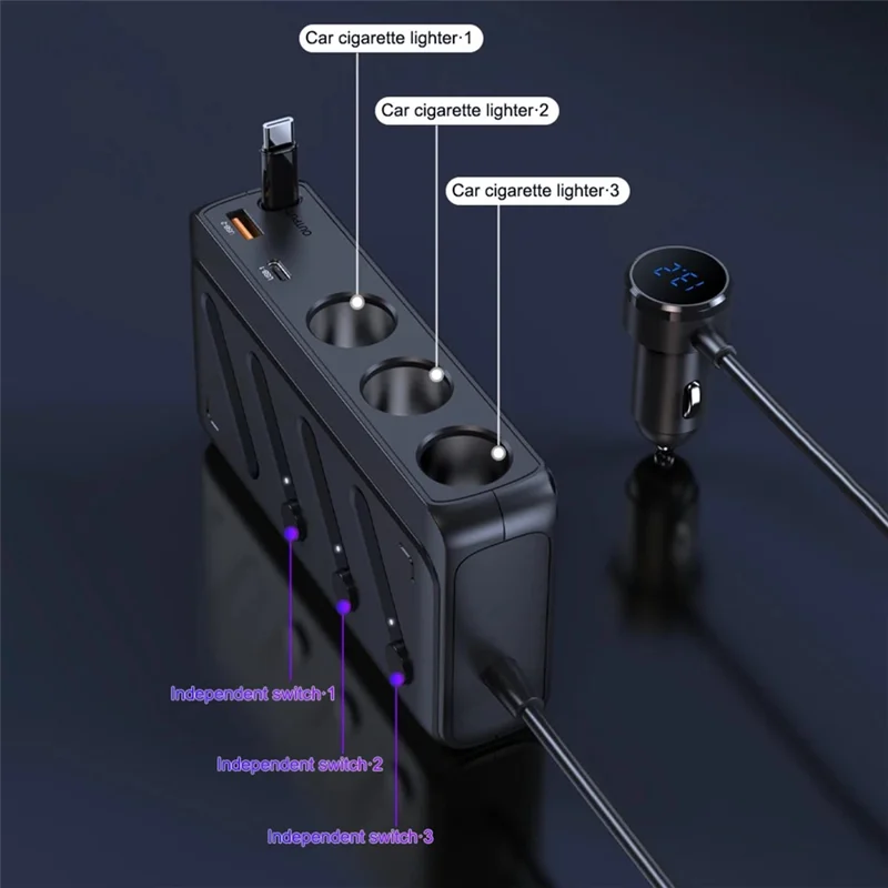 C29 142W 6-in-1 Car Charger Adapter  PD 45W QC3.0 USB-C Cable LED Display Car Socket Splitter Adapter