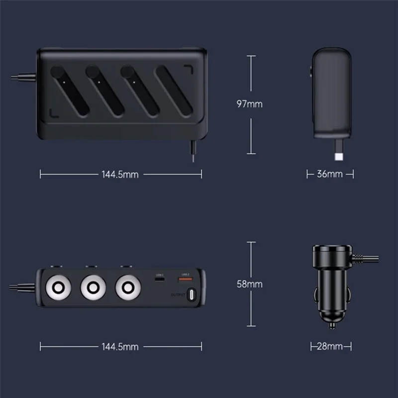 C29 142W 6-in-1 Car Charger Adapter  PD 45W QC3.0 USB-C Cable LED Display Car Socket Splitter Adapter