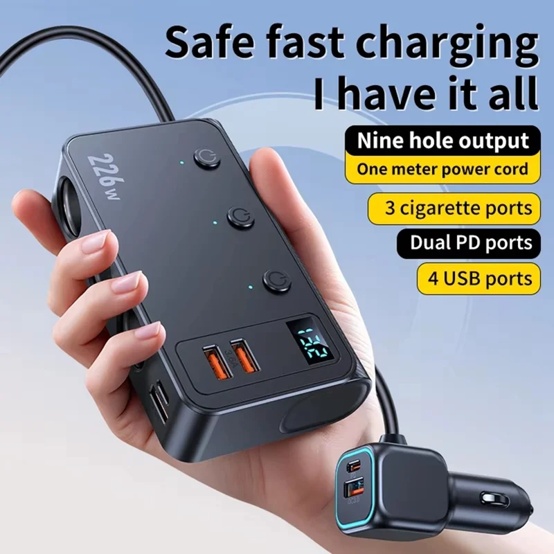 C33 226W Car Charger Adapter with 3 Inch Cable 9-in-1 Cigarette Lighter Splitter Hub PD QC3.0 Fast Charging Adapter - Black