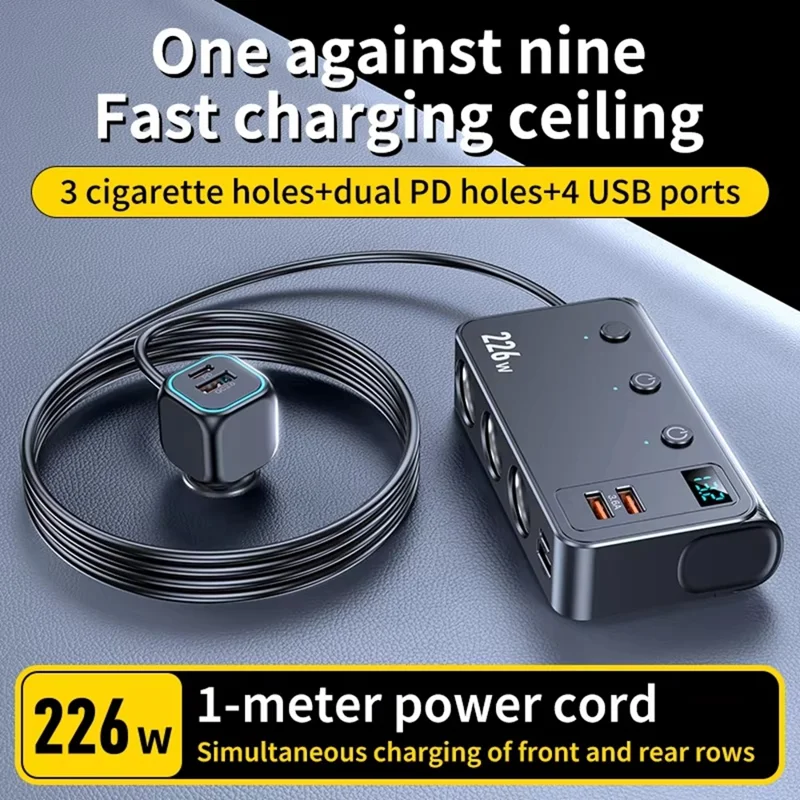 C33 226W Car Charger Adapter with 3 Inch Cable 9-in-1 Cigarette Lighter Splitter Hub PD QC3.0 Fast Charging Adapter - Black