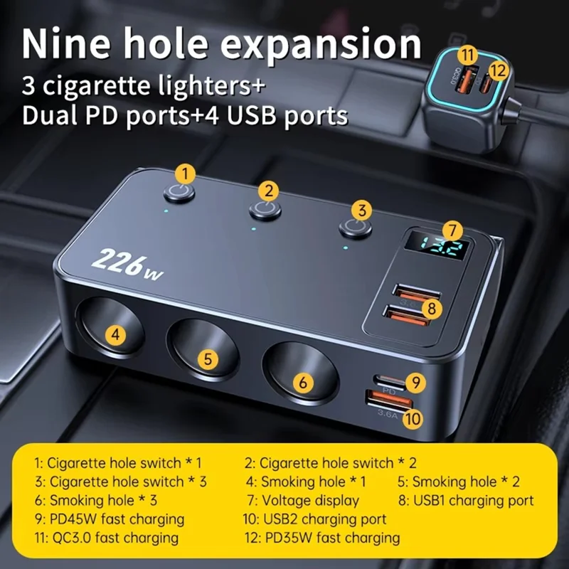 C33 226W Car Charger Adapter with 3 Inch Cable 9-in-1 Cigarette Lighter Splitter Hub PD QC3.0 Fast Charging Adapter - Black