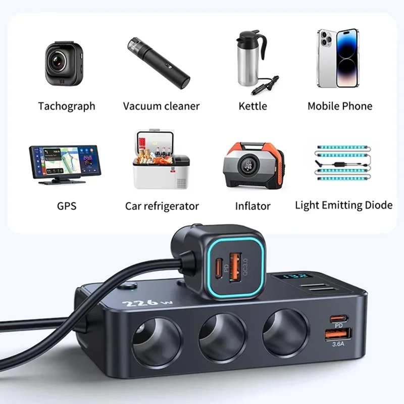 C33 226W Car Charger Adapter with 3 Inch Cable 9-in-1 Cigarette Lighter Splitter Hub PD QC3.0 Fast Charging Adapter - Black