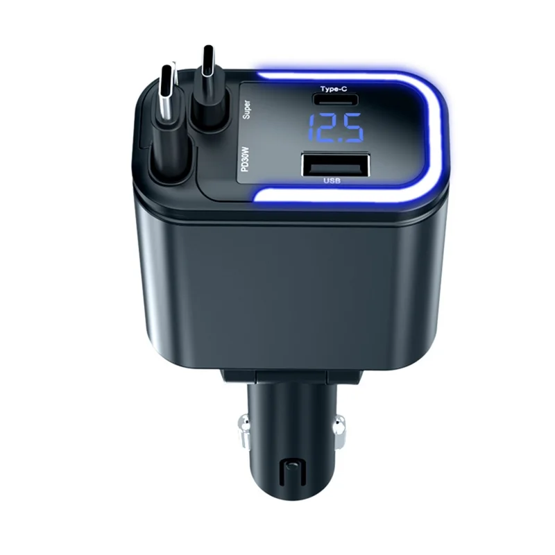 036 180W Car Charger 4-Port Fast Charging LED Display Cigarette Lighter Adapter with Retractable Type-C & iP (5-14) Cable
