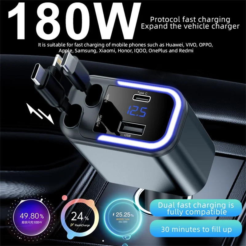 036 180W Car Charger 4-Port Fast Charging LED Display Cigarette Lighter Adapter with Retractable Type-C & iP (5-14) Cable