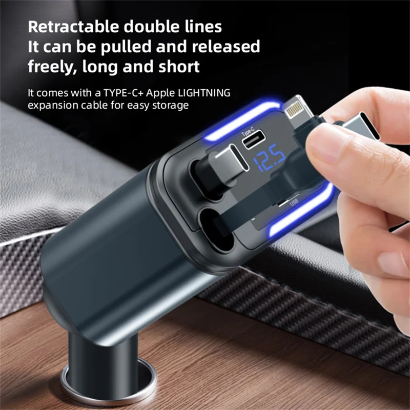 036 180W Car Charger 4-Port Fast Charging LED Display Cigarette Lighter Adapter with Retractable Type-C & iP (5-14) Cable