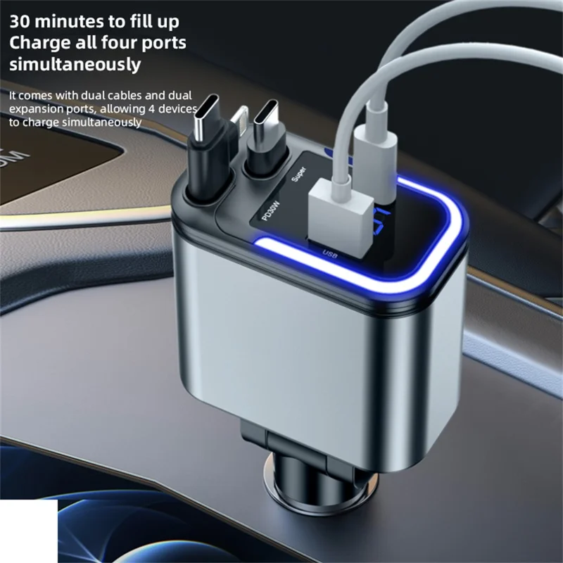 036 180W Car Charger 4-Port Fast Charging LED Display Cigarette Lighter Adapter with Retractable Type-C & iP (5-14) Cable