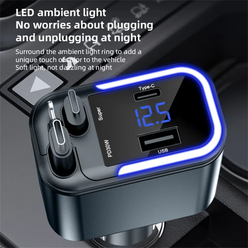036 180W Car Charger 4-Port Fast Charging LED Display Cigarette Lighter Adapter with Retractable Type-C & iP (5-14) Cable