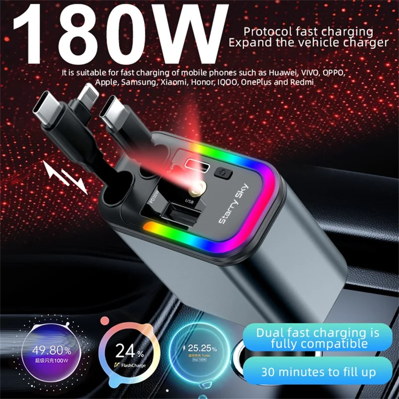 LC-039 5-in-1 Dual Retractable Cable Car Charger RGB Starry Sky Light USB-C iP (5-14) 120W Fast Charging Adapter