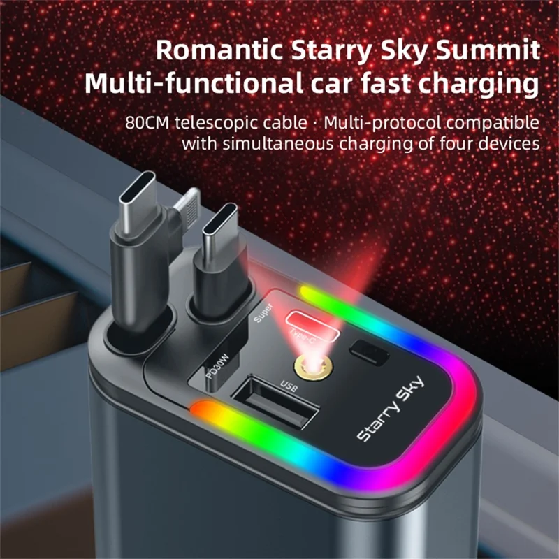 LC-039 5-in-1 Dual Retractable Cable Car Charger RGB Starry Sky Light USB-C iP (5-14) 120W Fast Charging Adapter