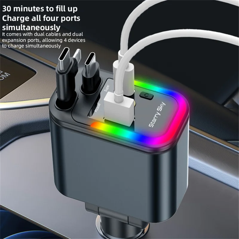 LC-039 5-in-1 Dual Retractable Cable Car Charger RGB Starry Sky Light USB-C iP (5-14) 120W Fast Charging Adapter
