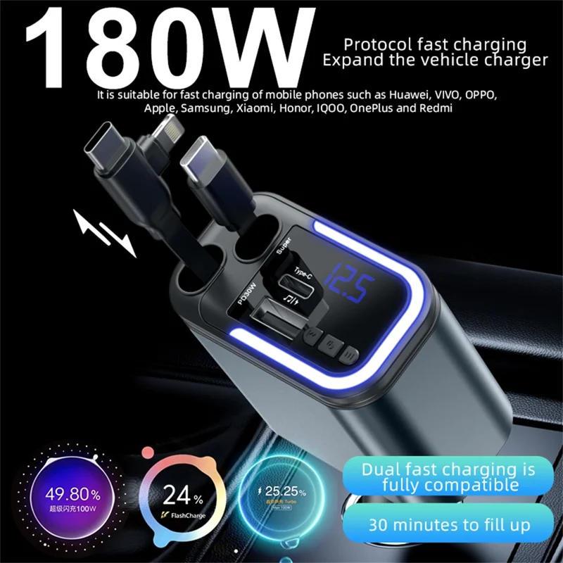 LC-040 5-in-1 Car Charger 180W Dual Retractable Cable Type-C iP (5-14) Bluetooth-compatible FM Transmitter Charging Adapter