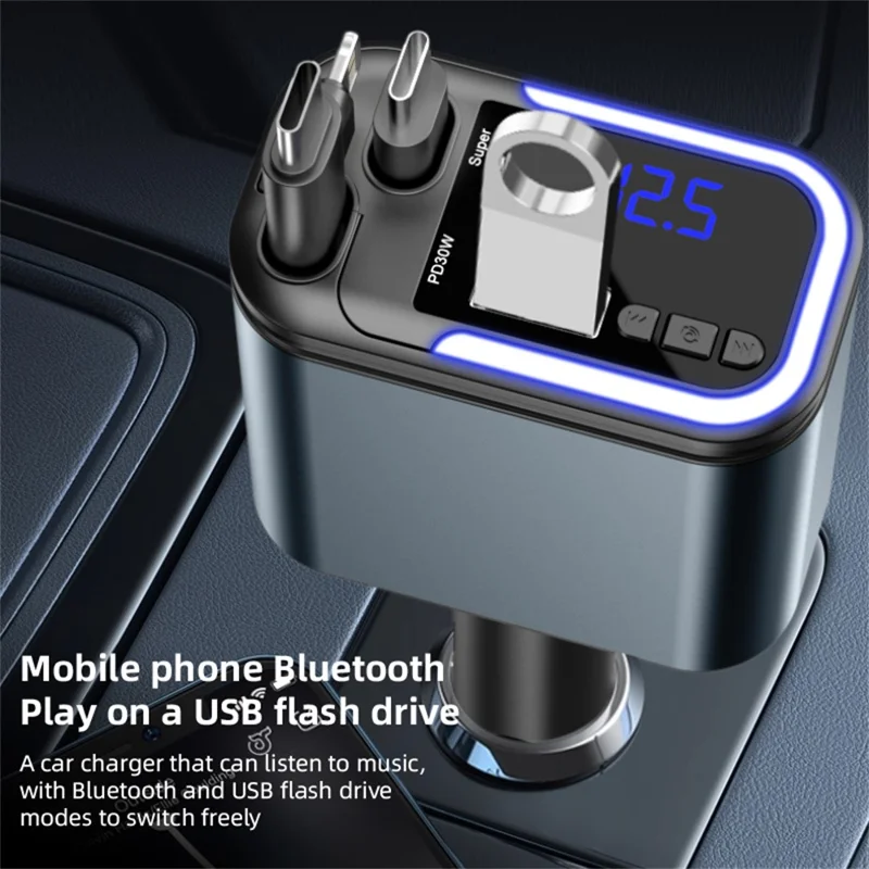 LC-040 5-in-1 Car Charger 180W Dual Retractable Cable Type-C iP (5-14) Bluetooth-compatible FM Transmitter Charging Adapter