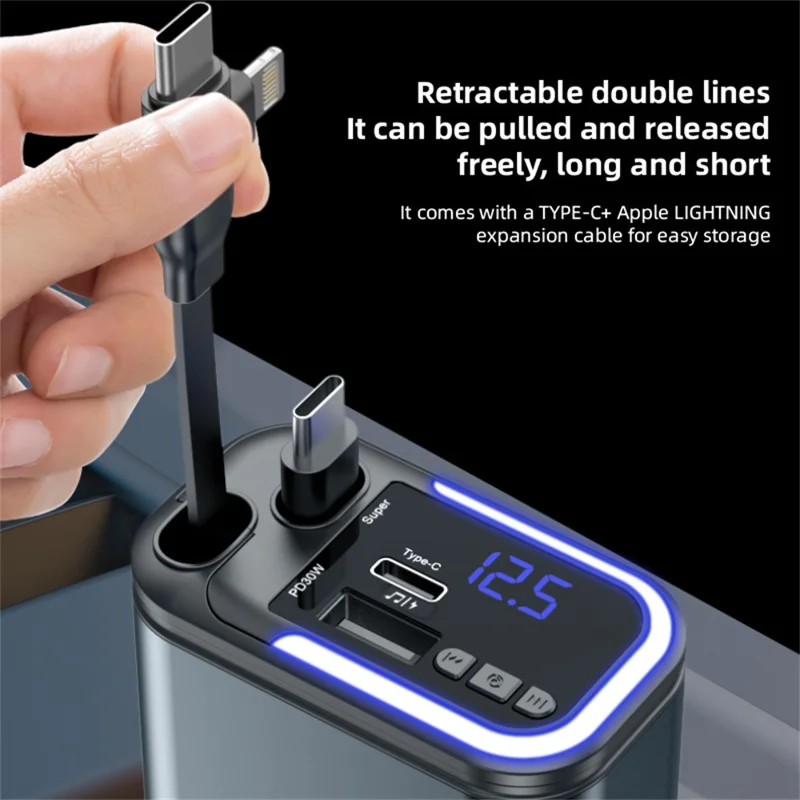 LC-040 5-in-1 Car Charger 180W Dual Retractable Cable Type-C iP (5-14) Bluetooth-compatible FM Transmitter Charging Adapter