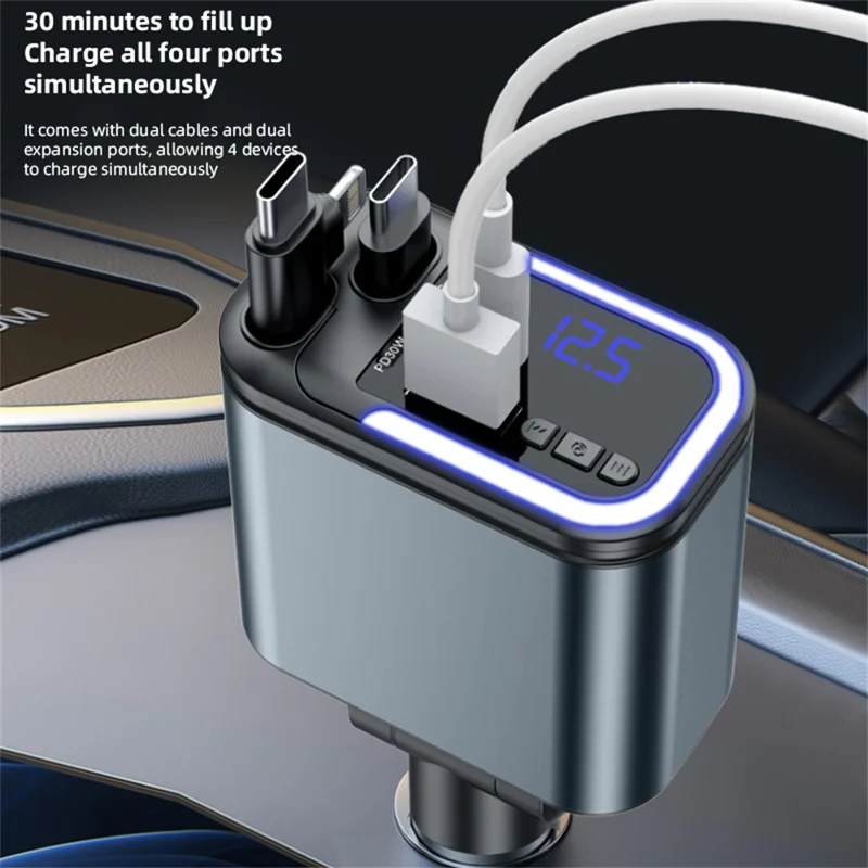 LC-040 5-in-1 Car Charger 180W Dual Retractable Cable Type-C iP (5-14) Bluetooth-compatible FM Transmitter Charging Adapter