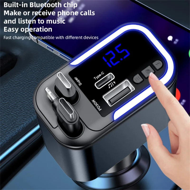 LC-040 5-in-1 Car Charger 180W Dual Retractable Cable Type-C iP (5-14) Bluetooth-compatible FM Transmitter Charging Adapter