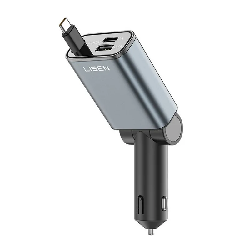 LISEN Car Charger 180 Degree Rotatable 30W PD Fast Charging Adapter with Retractable USB-C Cable for iPhone 17  /  16  /  15  /  Samsung S26