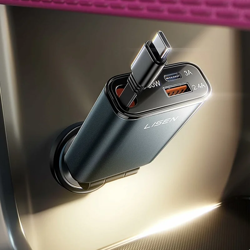 LISEN Car Charger 180 Degree Rotatable 30W PD Fast Charging Adapter with Retractable USB-C Cable for iPhone 17  /  16  /  15  /  Samsung S26